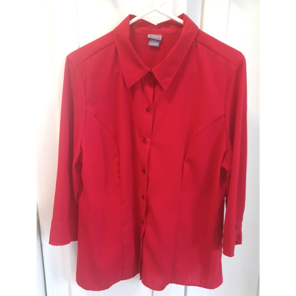 Laura Scott Womens Red Blouse Petite XLP 3/4 Sleeve Button Front Office Work